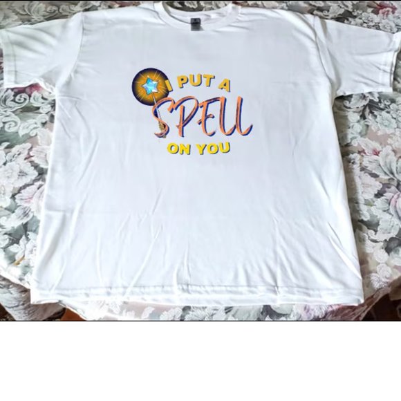 I Put A Spell On You | 50/50 Dryblend Gildan Shirt | White w/ Orange Text - Picture 1 of 1